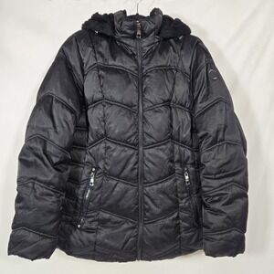 Nautica Black Puffer Jacket Women's XL Hooded Winter Coat Full Zip Quilted